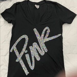 Pink Black V-Neck T-Shirt with Silver Glitter Logo